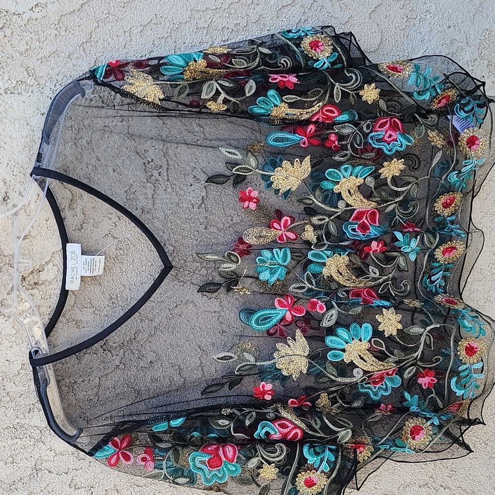 Rachel Zoe Black Sheer Top with Multicolor Floral Embroidery